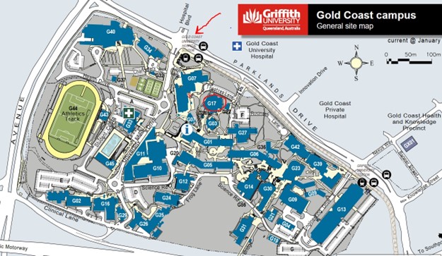 Map of Gold Coast Campus with building G17 highlighted